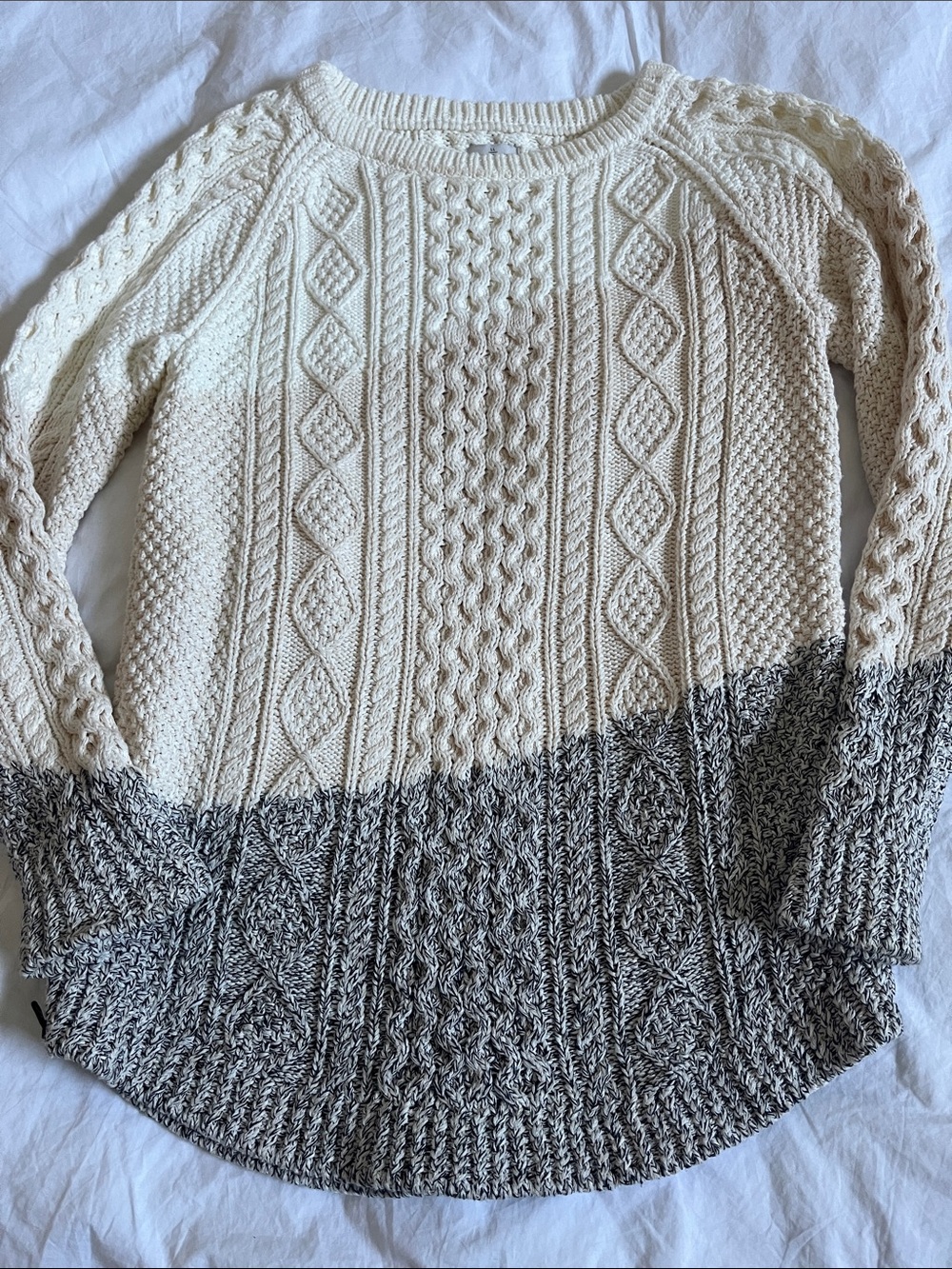 L.L. Bean cable knit fisherman sweater zipper sides 100% cotton neutral ombré